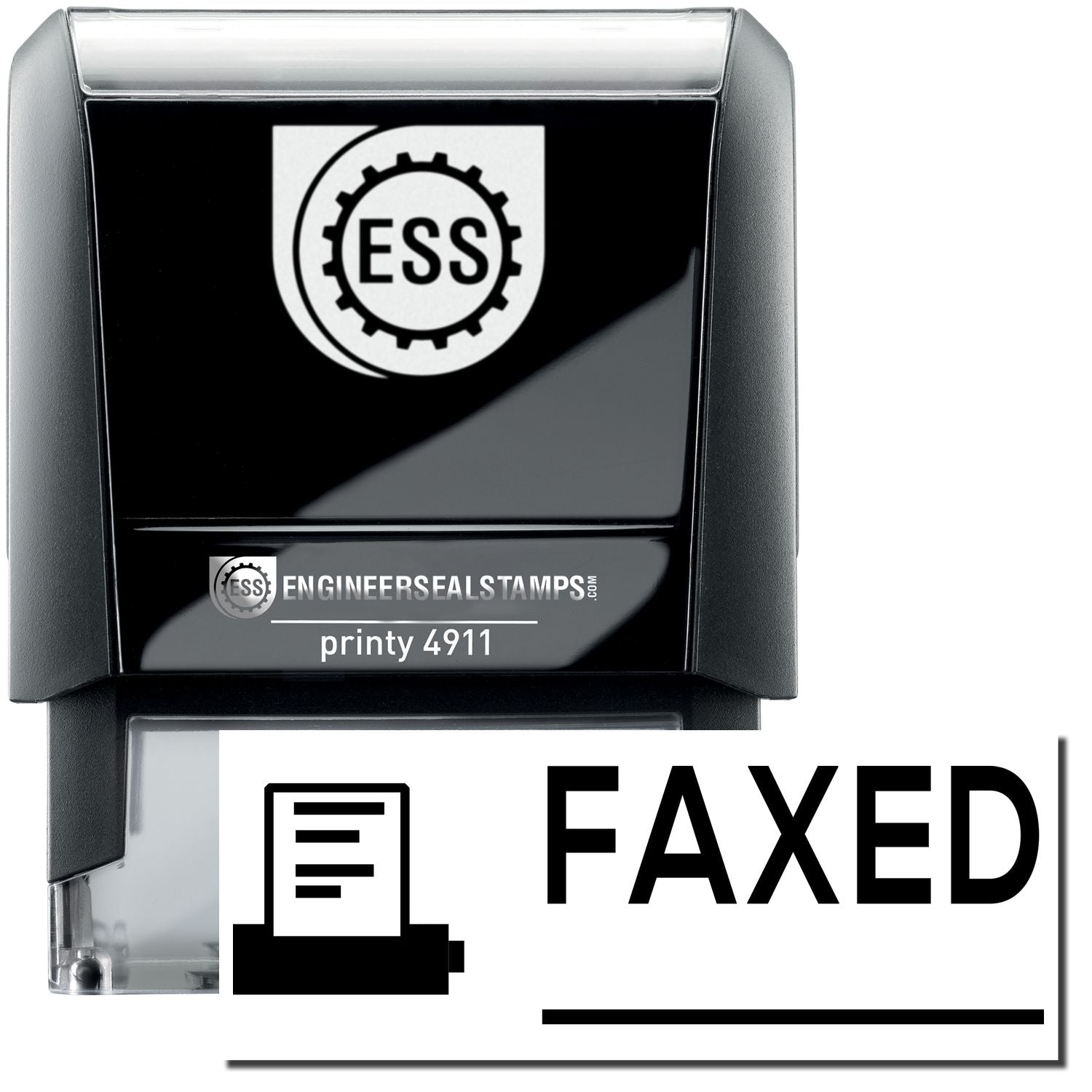 A self-inking stamp with a stamped image showing how the text FAXED with a small image of a fax machine on the left and a line underneath the text is displayed after stamping.