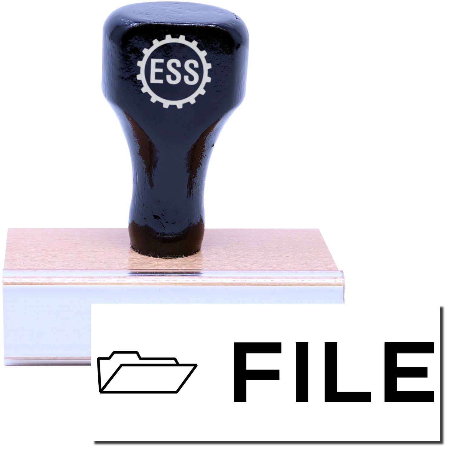 A stock office rubber stamp with a stamped image showing how the text FILE with a folder icon on the left side is displayed after stamping.