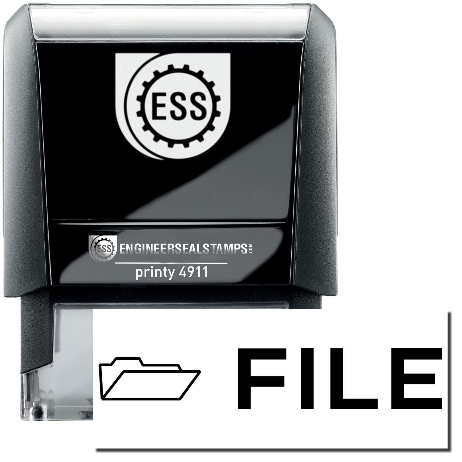 A self-inking stamp with a stamped image showing how the text FILE in a bold font and a small icon of a file folder on the left is displayed after stamping.