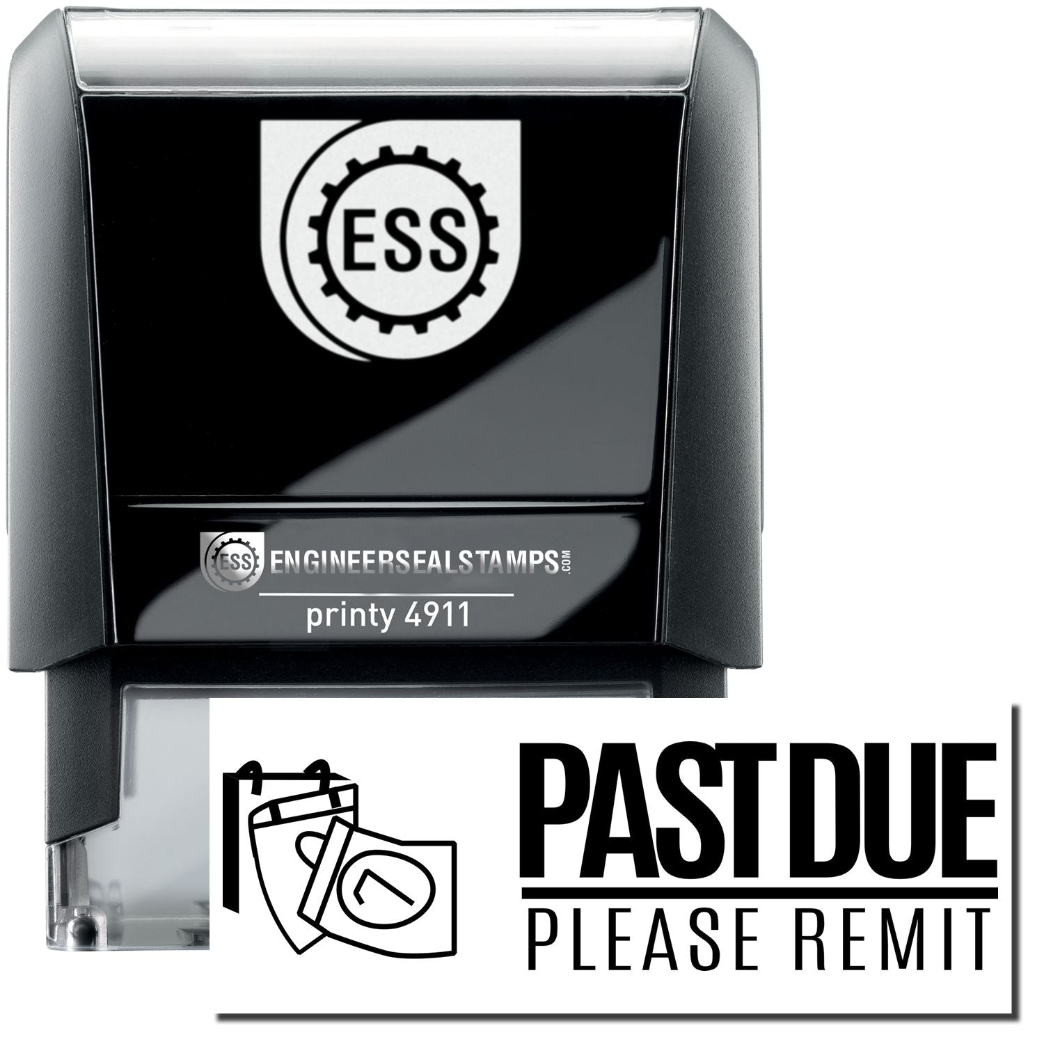 Self Inking Past Due Please Remit with Calendar Stamp, black and white, featuring a clear base and ESS logo on the front.