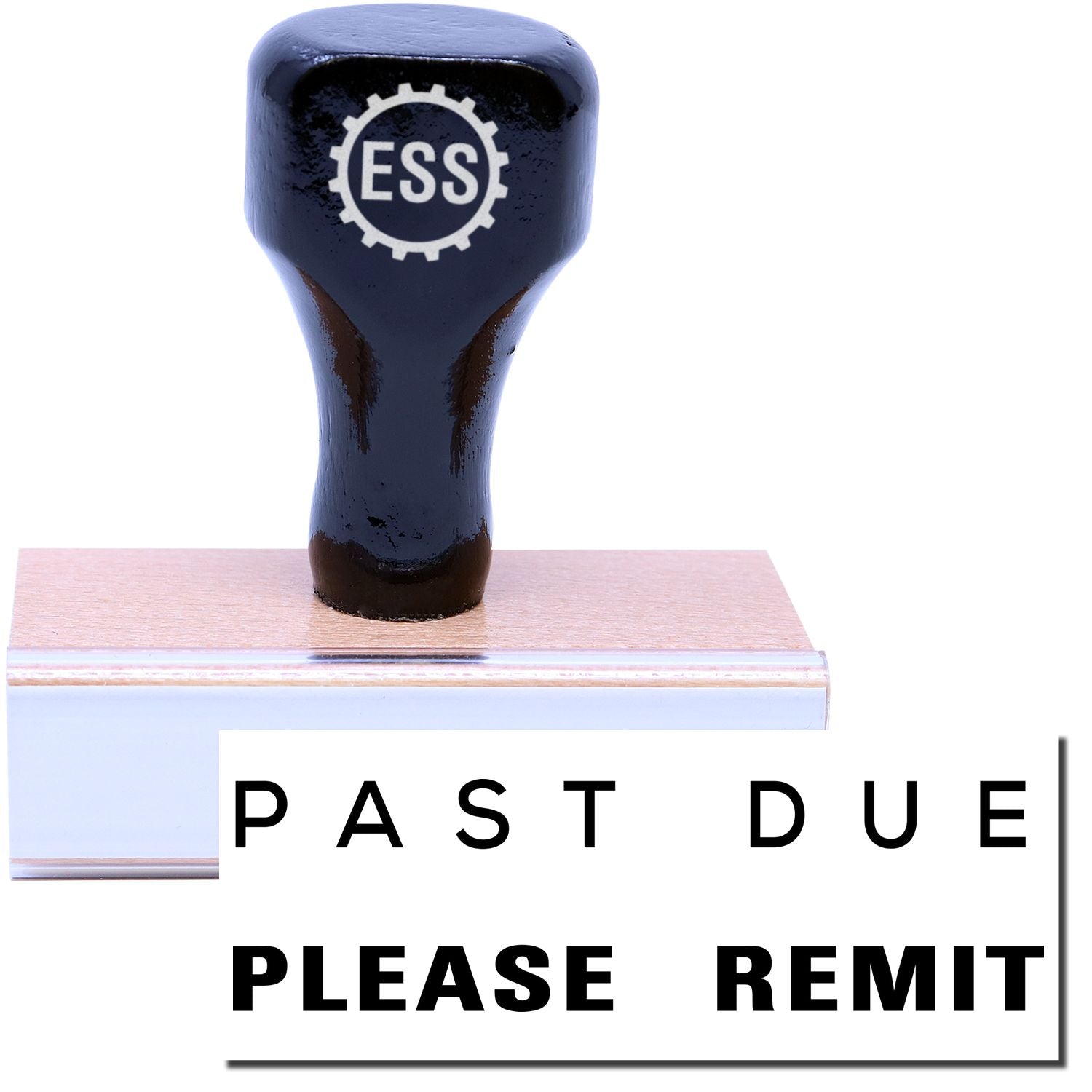 A stock office rubber stamp with a stamped image showing how the text PAST DUE PLEASE REMIT is displayed after stamping.