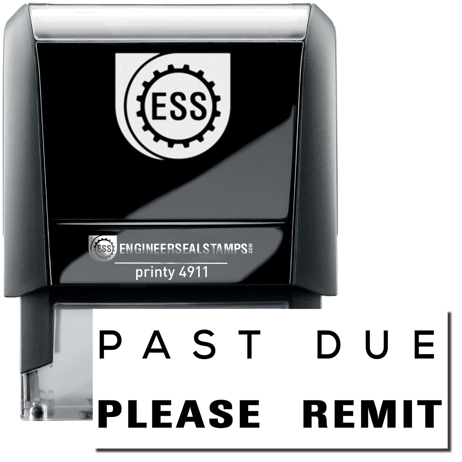 Self Inking Past Due Please Remit Stamp with black casing and clear base, displaying PAST DUE PLEASE REMIT in bold letters.