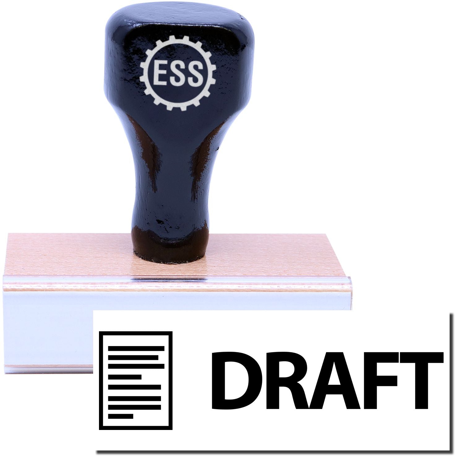 A stock office rubber stamp with a stamped image showing how the text DRAFT with an image of a letter on the left side is displayed after stamping.