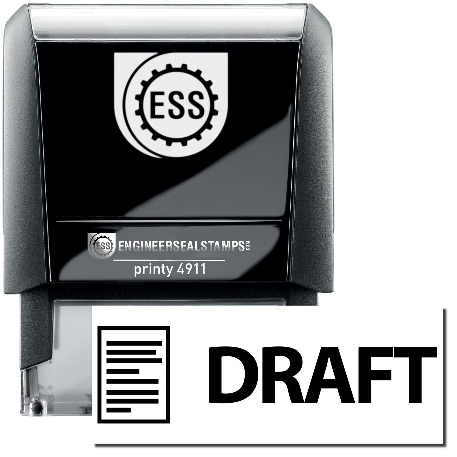 A self-inking stamp with a stamped image showing how the text DRAFT in an eye-catching font and an image of a letter on the left is displayed after stamping.