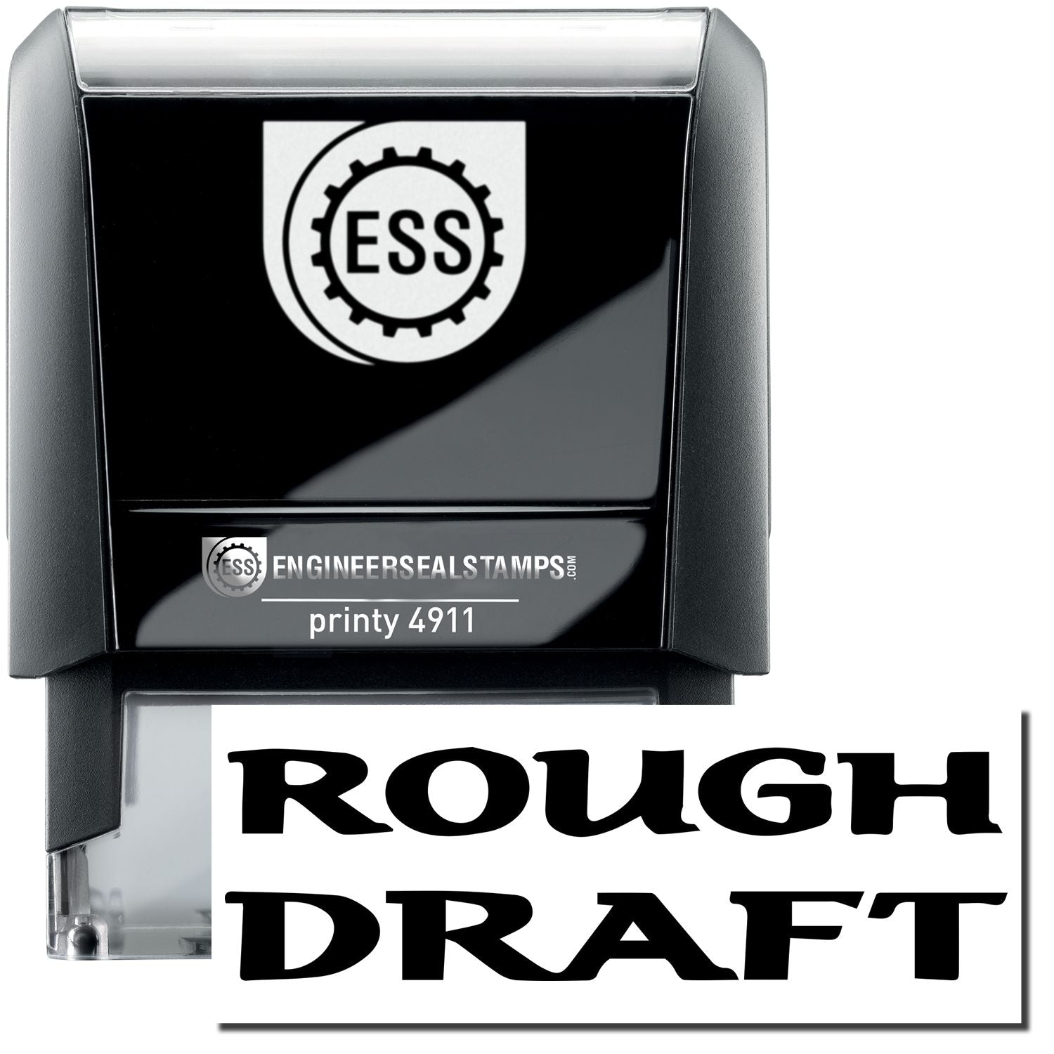 A self-inking stamp with a stamped image showing how the text ROUGH DRAFT in bold font is displayed after stamping.