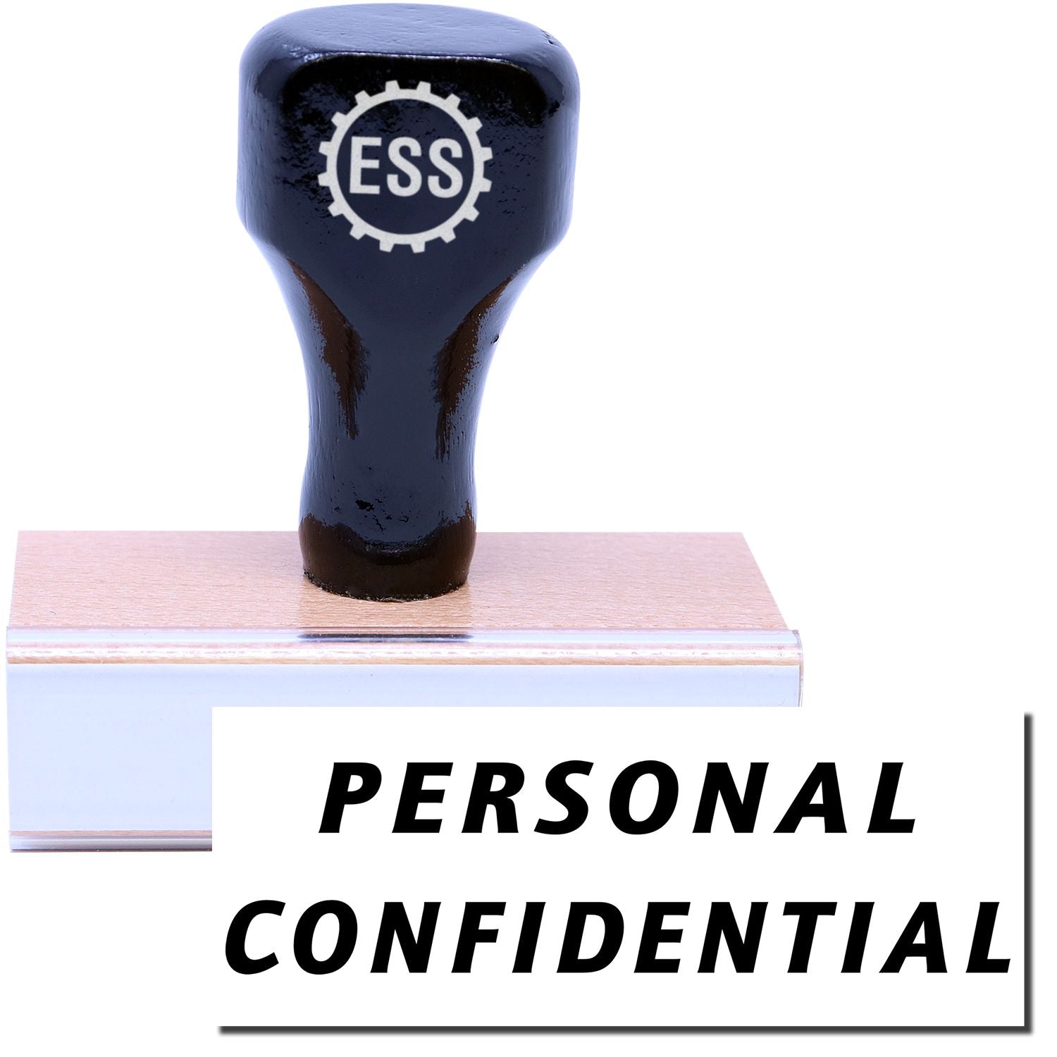 A stock office rubber stamp with a stamped image showing how the text PERSONAL CONFIDENTIAL in an italic font is displayed after stamping.