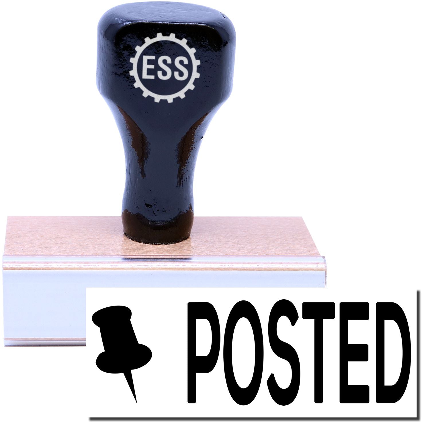 A stock office rubber stamp with a stamped image showing how the text POSTED in bold font with a thumbtack image on the left side is displayed after stamping.