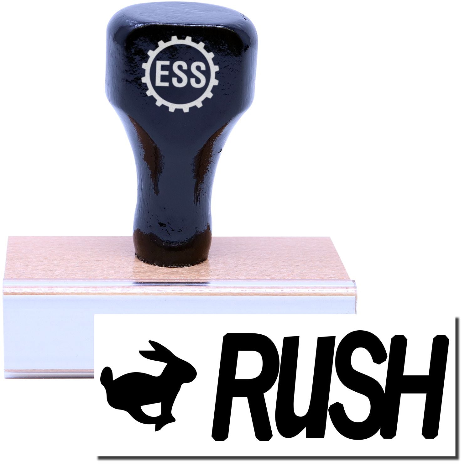 A stock office rubber stamp with a stamped image showing how the text RUSH in bold font with an image of a rabbit on the left side is displayed after stamping.