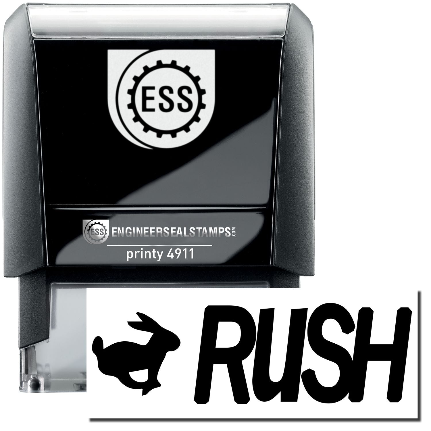 Self Inking Rush with Rabbit Stamp by ESS, featuring a black and white design with a rabbit icon and the word RUSH in bold letters.