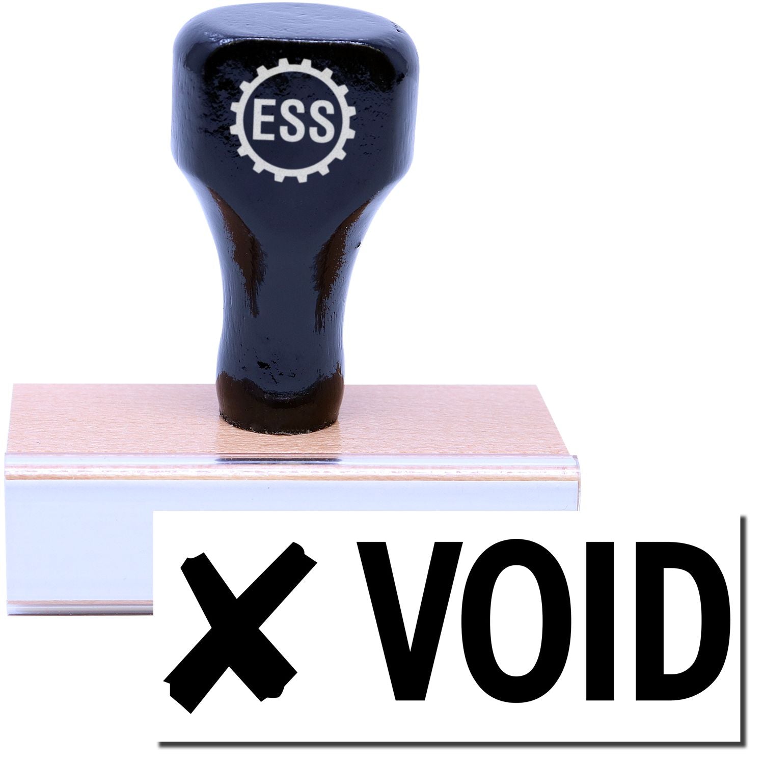 A stock office rubber stamp with a stamped image showing how the text VOID with a cross sign (X) on the left side is displayed after stamping.