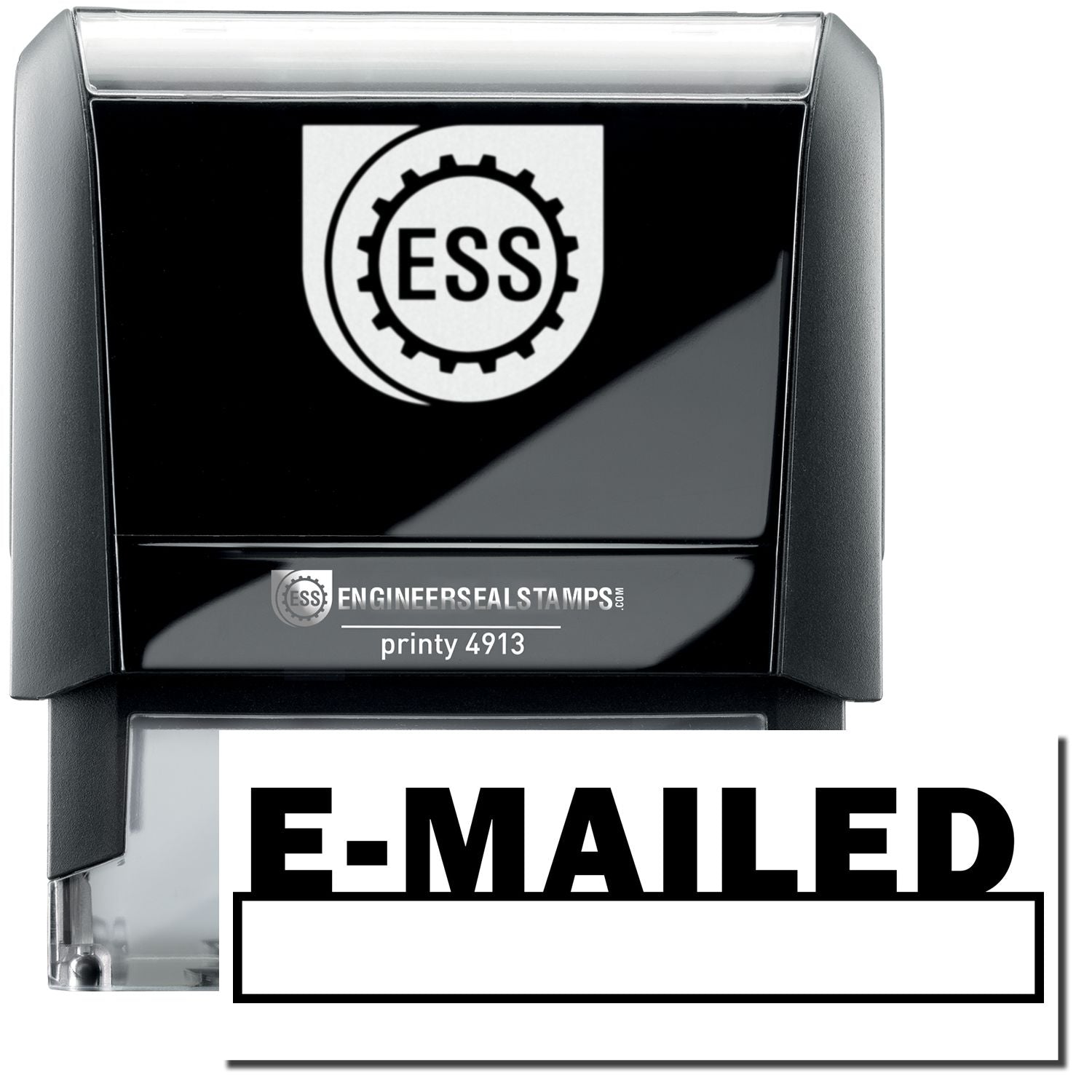 A self-inking stamp with a stamped image showing how the text E-MAILED in a large bold font and with a date box under it is displayed after stamping.