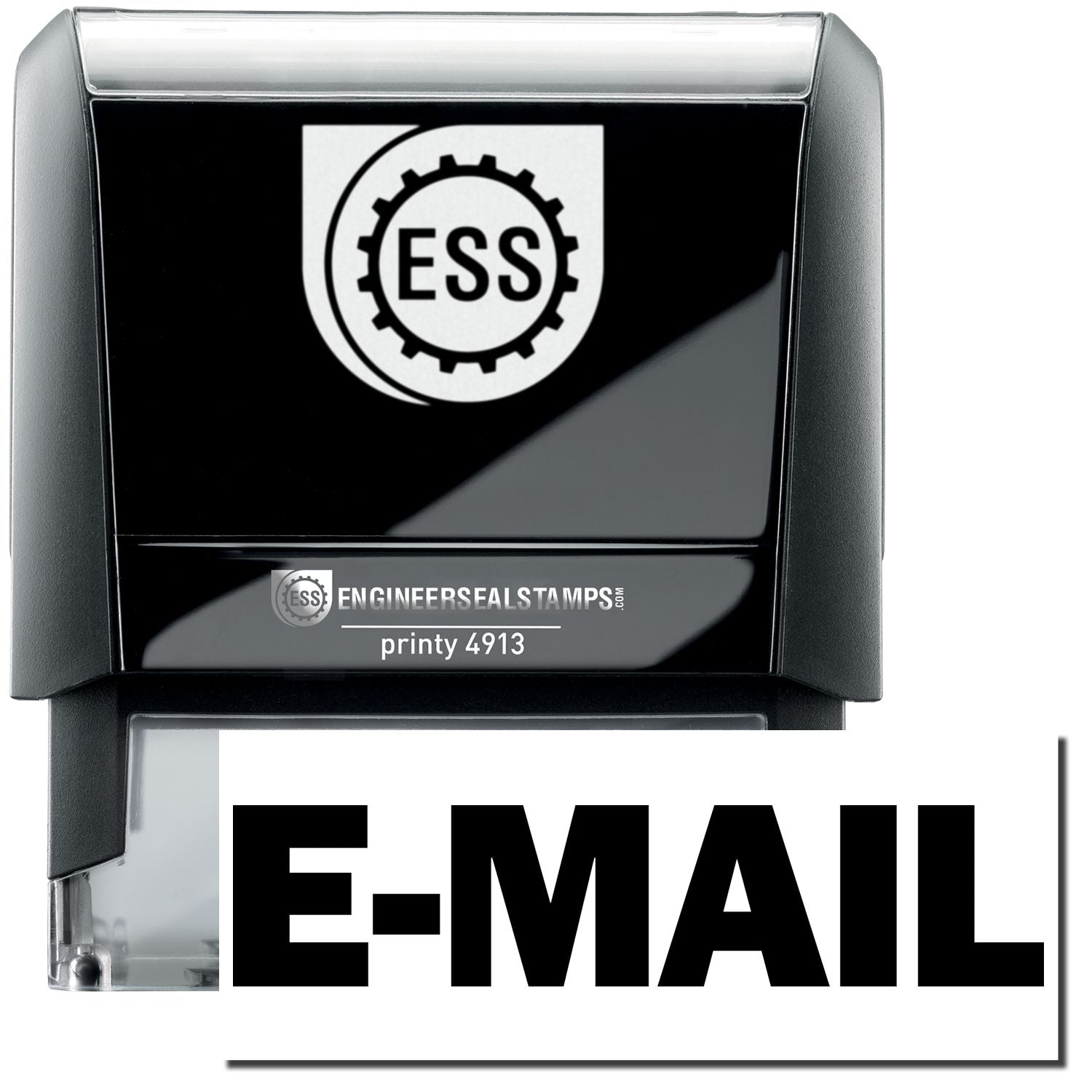 A self-inking stamp with a stamped image showing how the text E-MAIL in a large bold font is displayed by it after stamping.