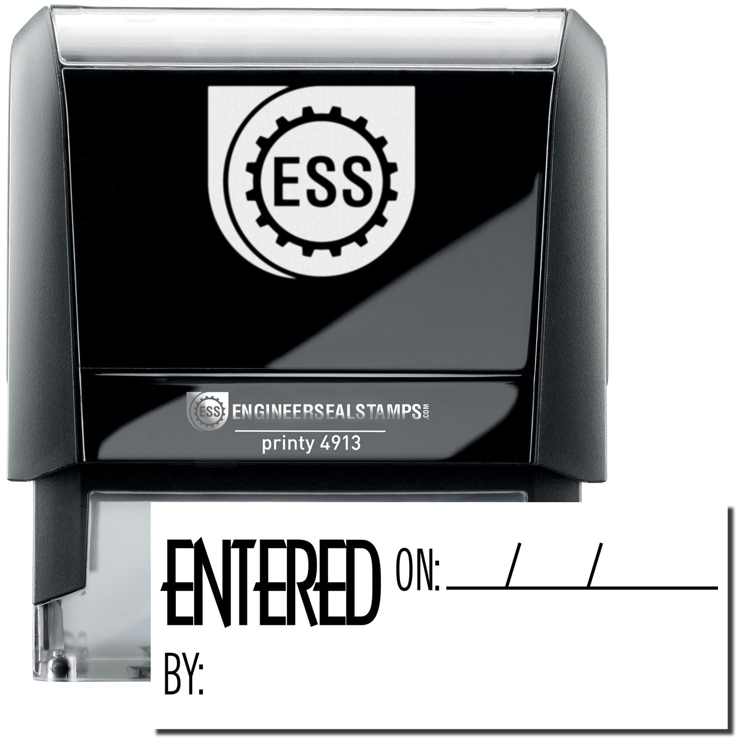 A self-inking stamp with a stamped image showing how the text ENTERED ON with space for mentioning a date and the name of the person who did the work is displayed by it after stamping.