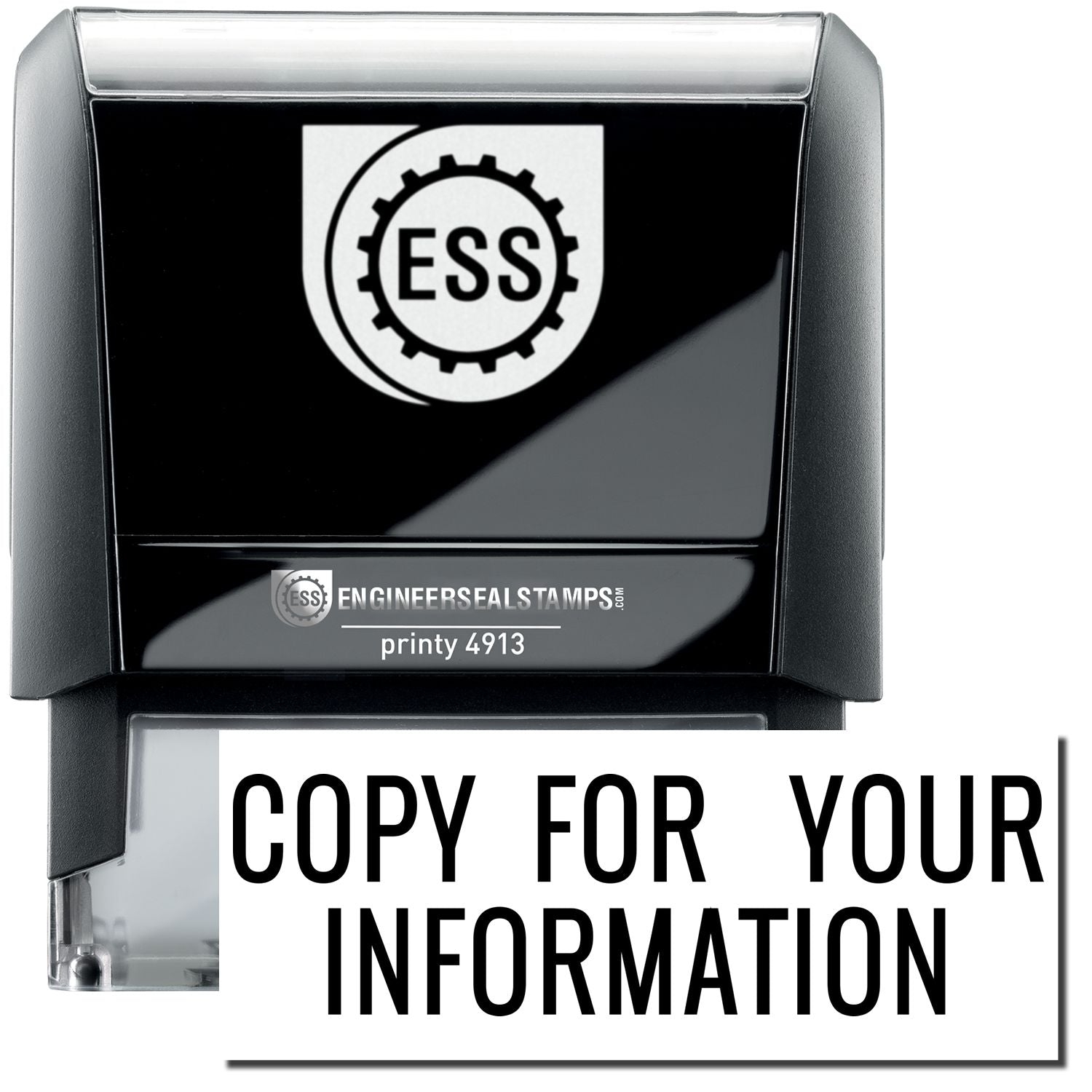 A self-inking stamp with a stamped image showing how the text COPY FOR YOUR INFORMATION in a large narrow font is displayed by it after stamping.