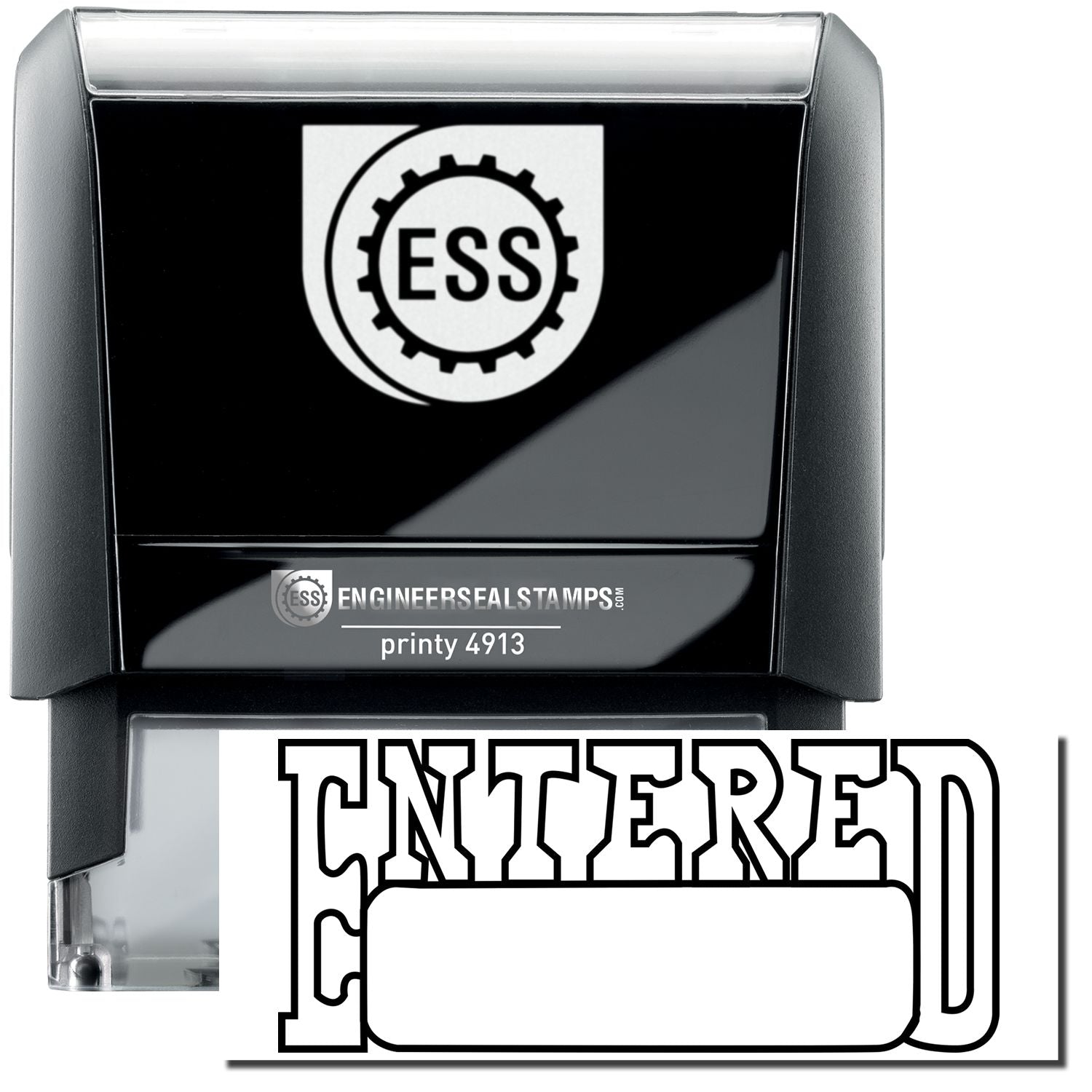 A self-inking stamp with a stamped image showing how the text ENTERED in a large outline font with a date box is displayed by it after stamping.