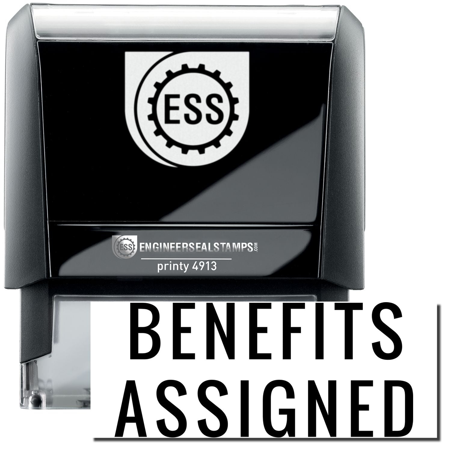 A self-inking stamp with a stamped image showing how the text BENEFITS ASSIGNED in a large narrow font is displayed by it after stamping.