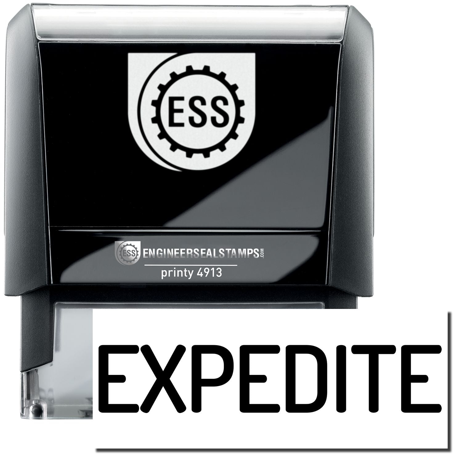 A self-inking stamp with a stamped image showing how the text EXPEDITE in a large narrow font is displayed by it after stamping.