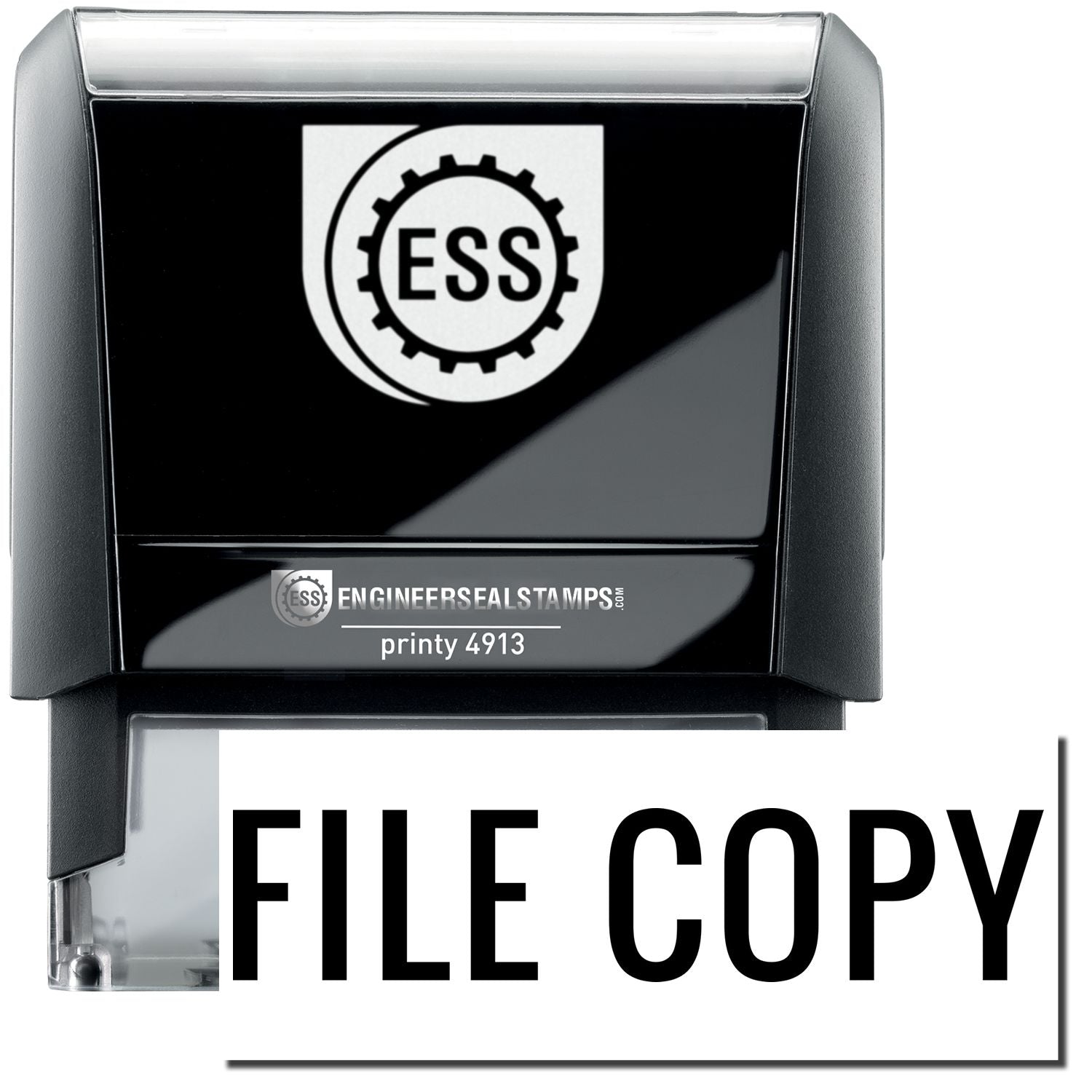 A self-inking stamp with a stamped image showing how the text FILE COPY in a large narrow font is displayed by it after stamping.