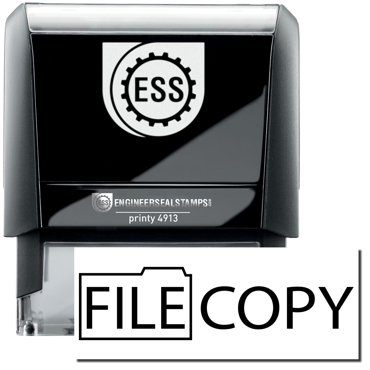 A self-inking stamp with a stamped image showing how the text FILE COPY in a large font with a folder placed around the word File is displayed by it after stamping.