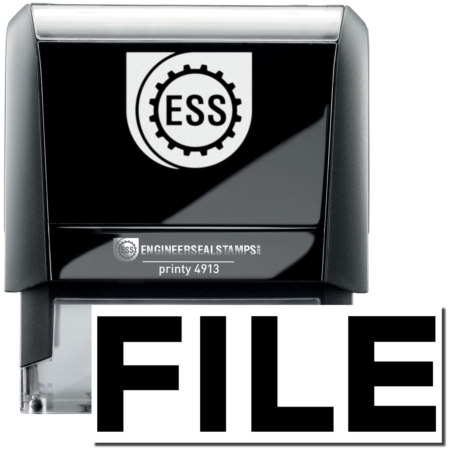 A self-inking stamp with a stamped image showing how the text FILE in a large bold font is displayed by it after stamping.