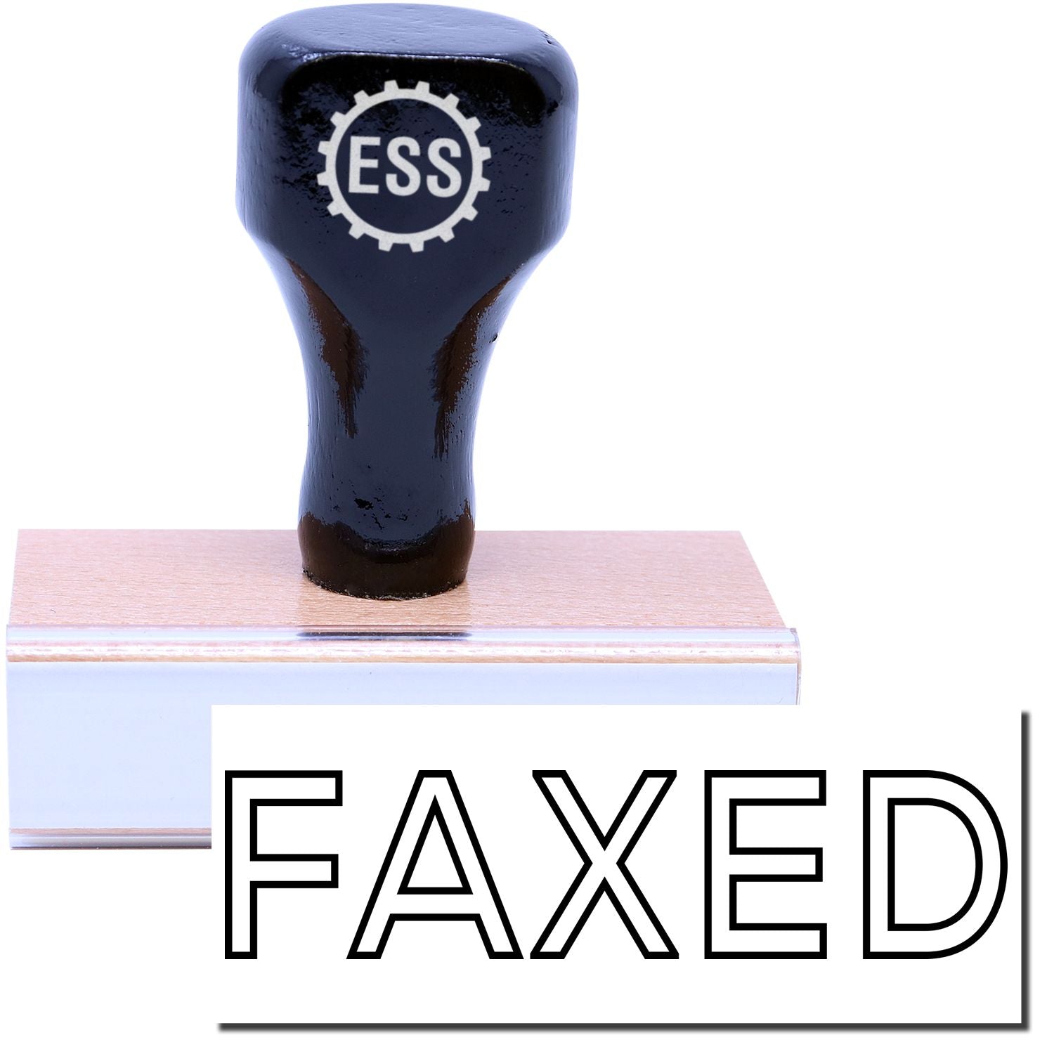 A stock office rubber stamp with a stamped image showing how the text FAXED in a large outline font is displayed after stamping.