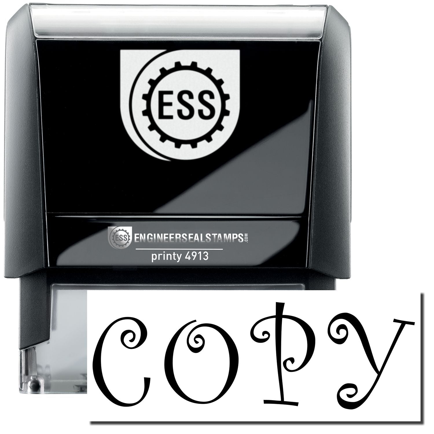 A self-inking stamp with a stamped image showing how the text COPY in a large distinguishing curly font is displayed by it after stamping.