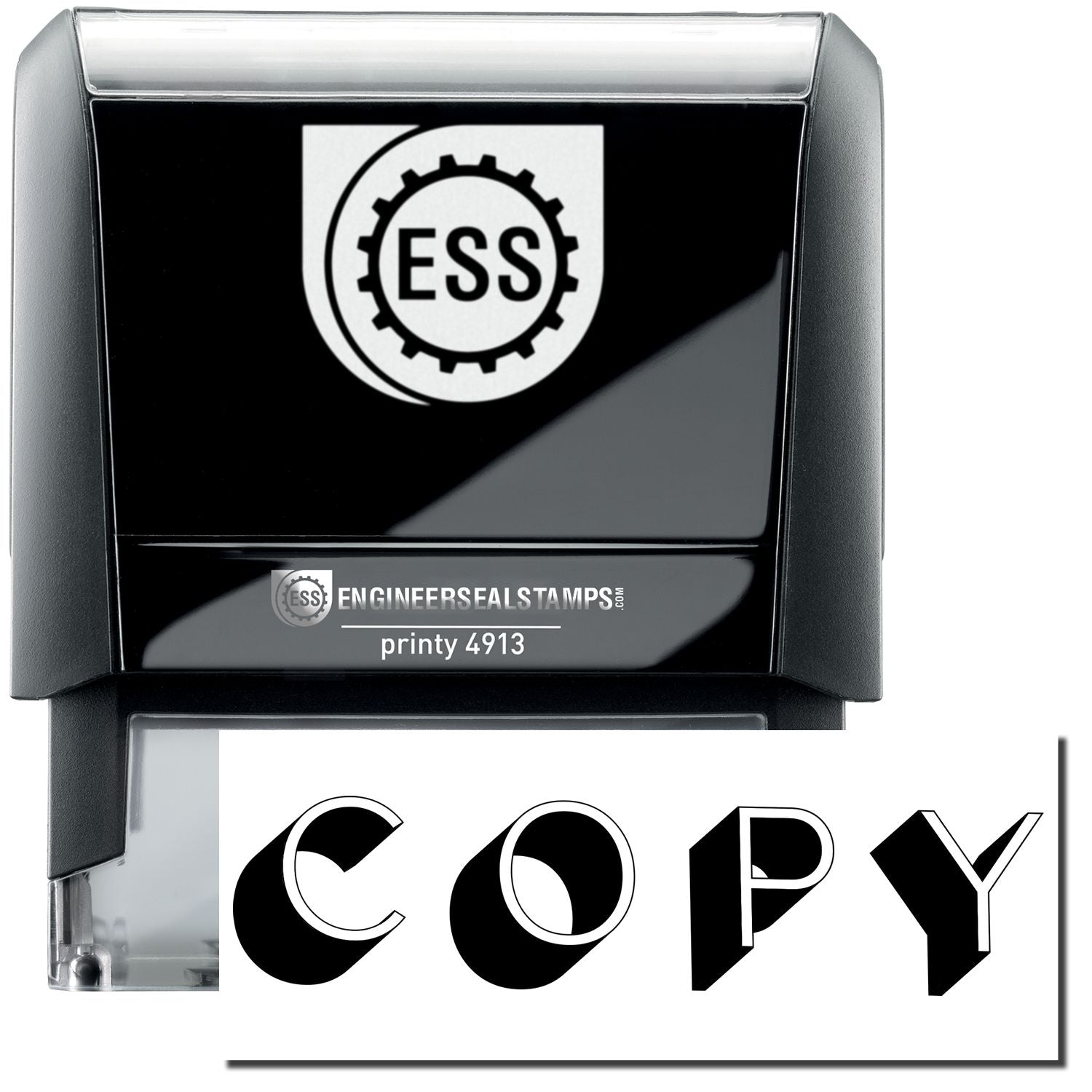 A self-inking stamp with a stamped image showing how the text COPY in a large outline font with a shadow behind it is displayed after stamping.