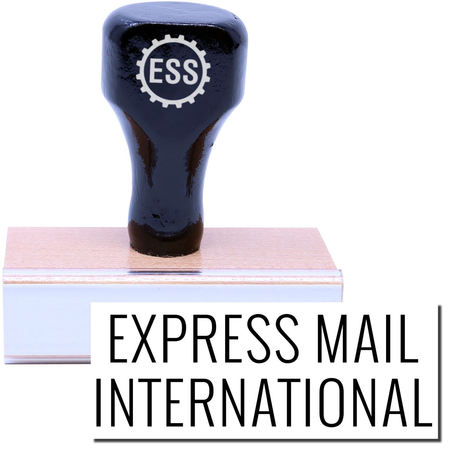 A stock office rubber stamp with a stamped image showing how the text EXPRESS MAIL INTERNATIONAL is displayed after stamping.