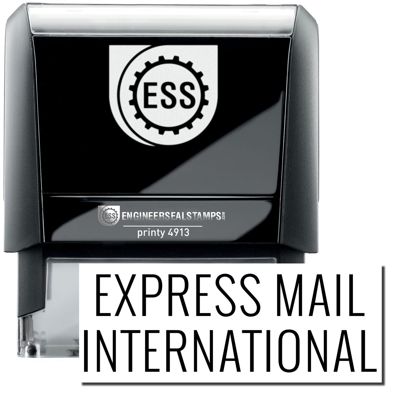 A self-inking stamp with a stamped image showing how the text EXPRESS MAIL INTERNATIONAL in a large font is displayed by it after stamping.