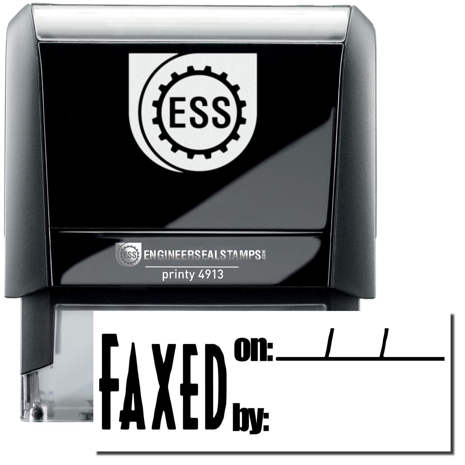 A self-inking stamp with a stamped image showing how the text FAXED on: ___/___/___ by: is displayed by it after stamping showing a space to mention the date and who is sending the fax.