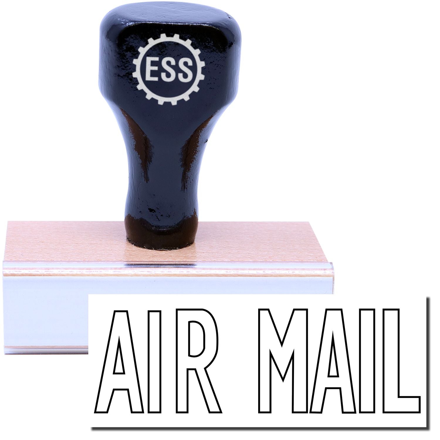 A stock office rubber stamp with a stamped image showing how the text AIR MAIL in a large outline font is displayed after stamping.