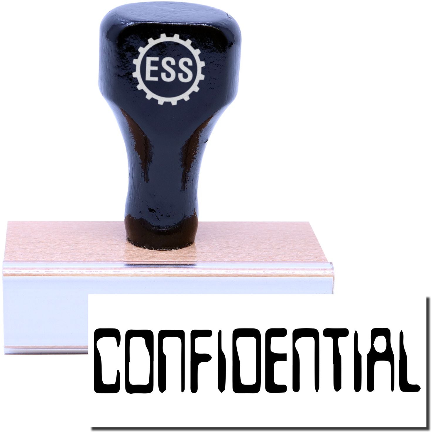 A stock office rubber stamp with a stamped image showing how the text CONFIDENTIAL in a large barcode font is displayed after stamping.