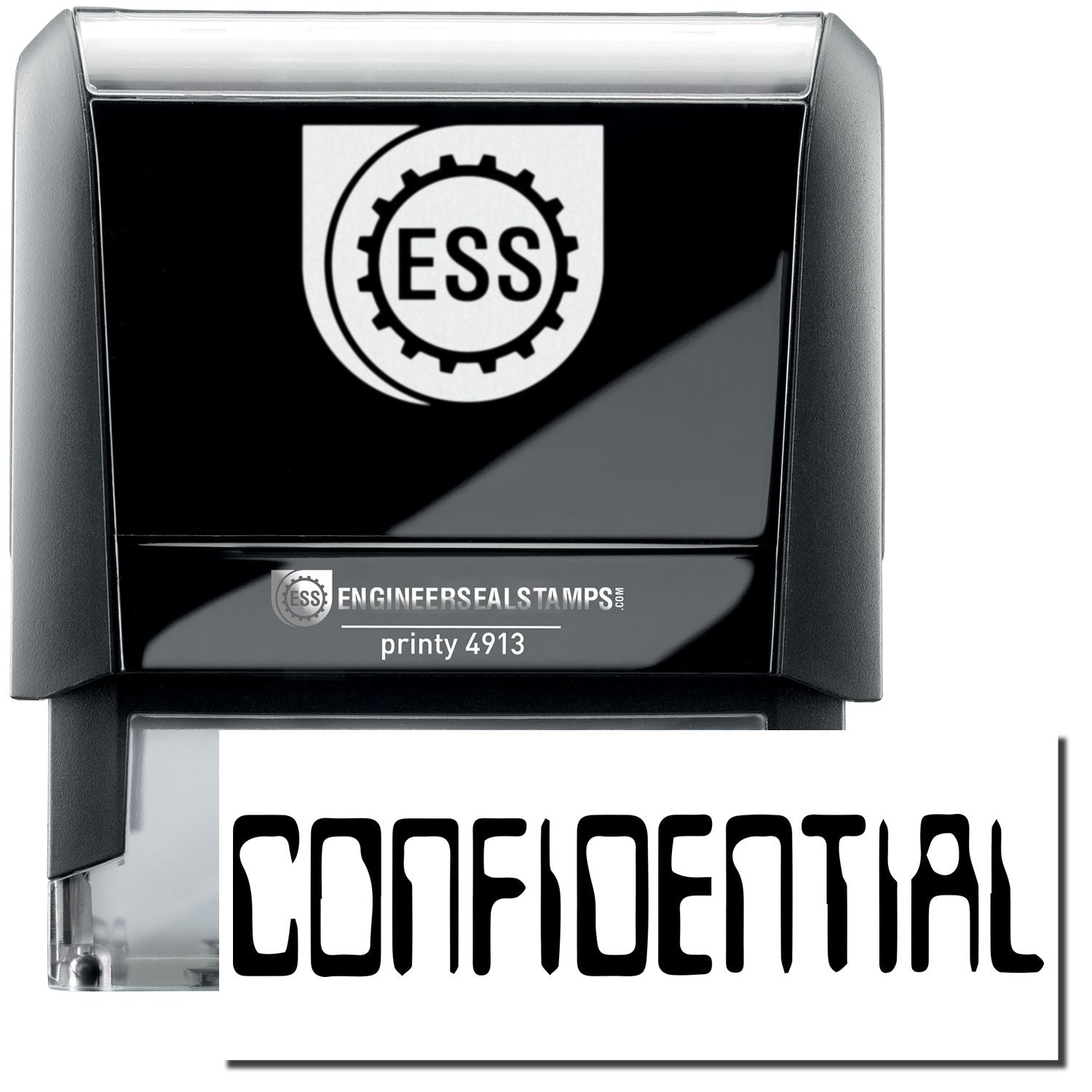 A self-inking stamp with a stamped image showing how the text CONFIDENTIAL in a large barcode font is displayed by it after stamping.