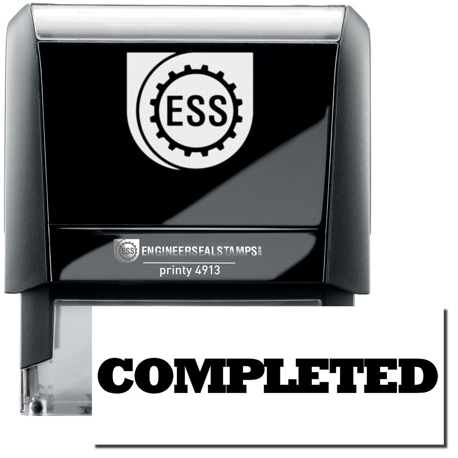 A self-inking stamp with a stamped image showing how the text COMPLETED in a large bold font is displayed by it after stamping.