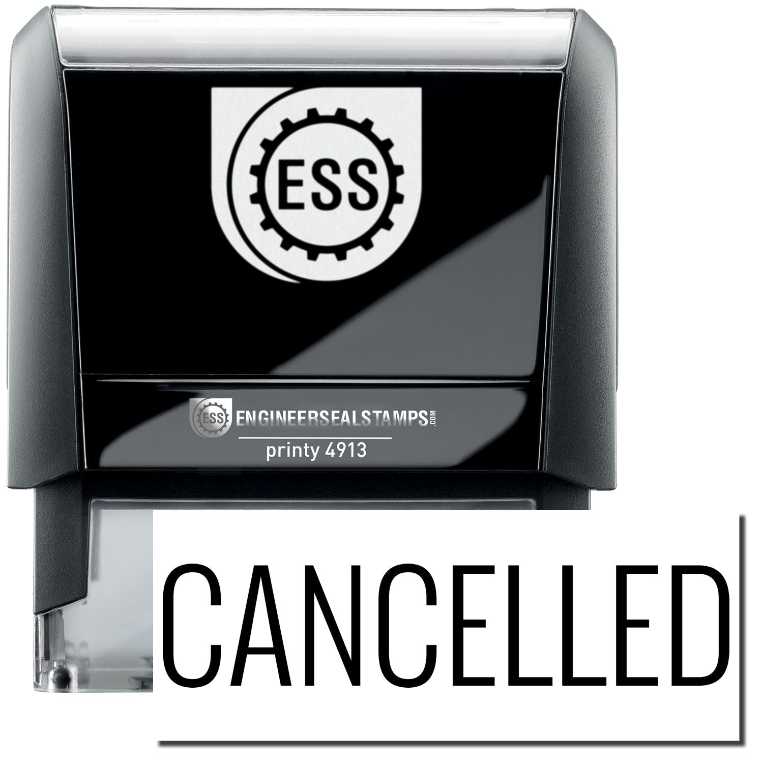 A self-inking stamp with a stamped image showing how the text "CANCELLED" in a large narrow font is displayed by it after stamping.