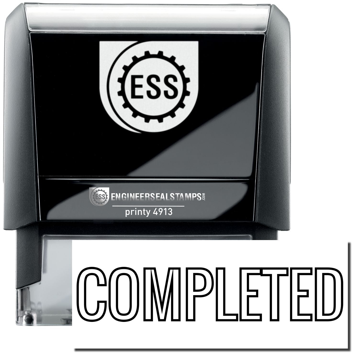 A self-inking stamp with a stamped image showing how the text COMPLETED in a large outline font is displayed by it after stamping.