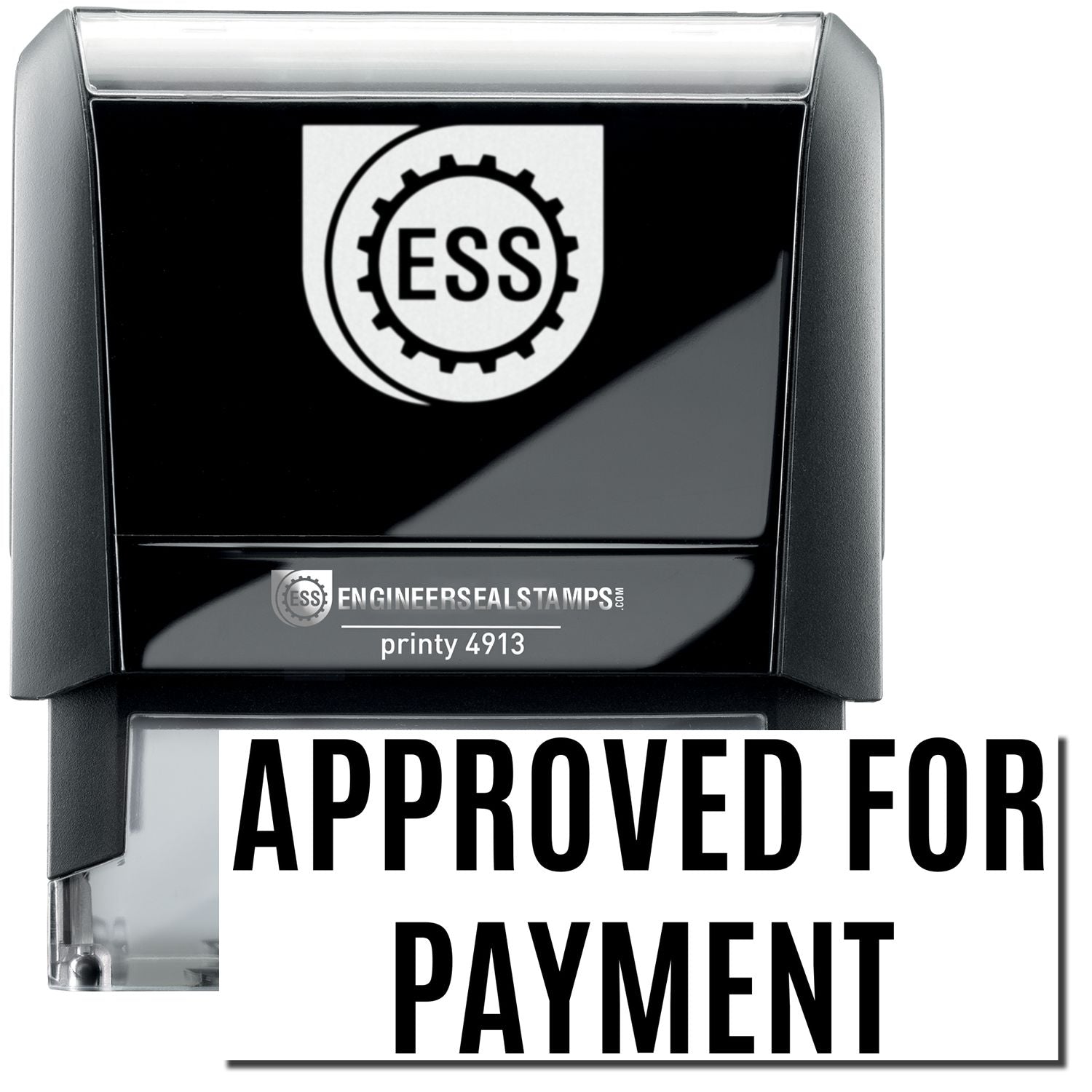 A self-inking stamp with a stamped image showing how the text APPROVED FOR PAYMENT in a large narrow font is displayed by it after stamping.