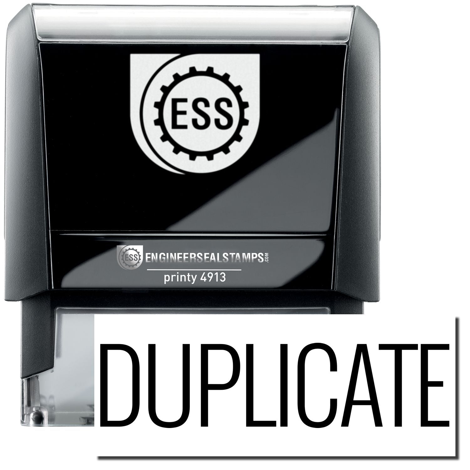 A self-inking stamp with a stamped image showing how the text DUPLICATE in a large narrow font is displayed by it after stamping.