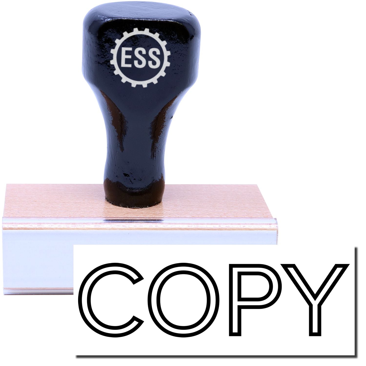 A stock office rubber stamp with a stamped image showing how the text "COPY" in a large outline font is displayed after stamping.