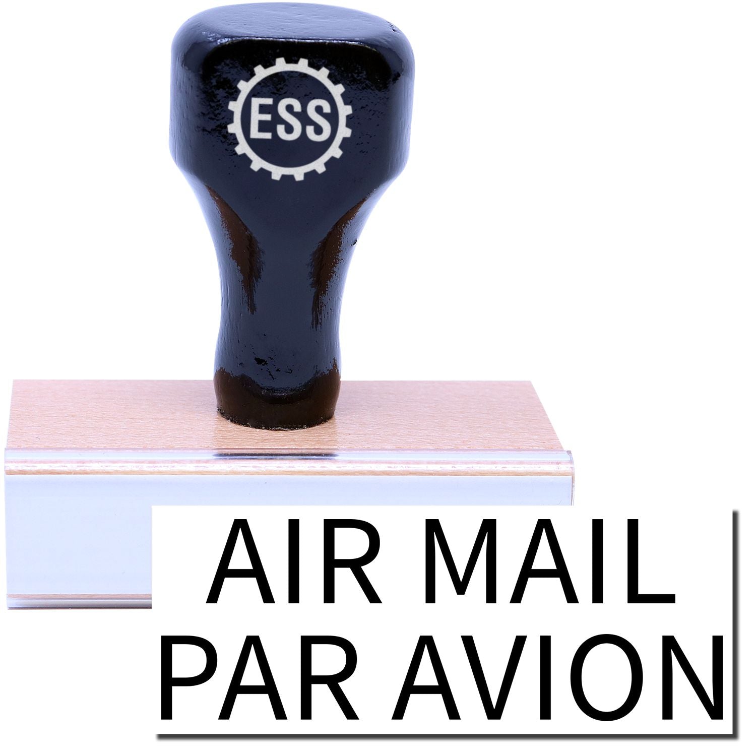 A stock office rubber stamp with a stamped image showing how the text AIR MAIL PAR AVION in a large font is displayed after stamping.