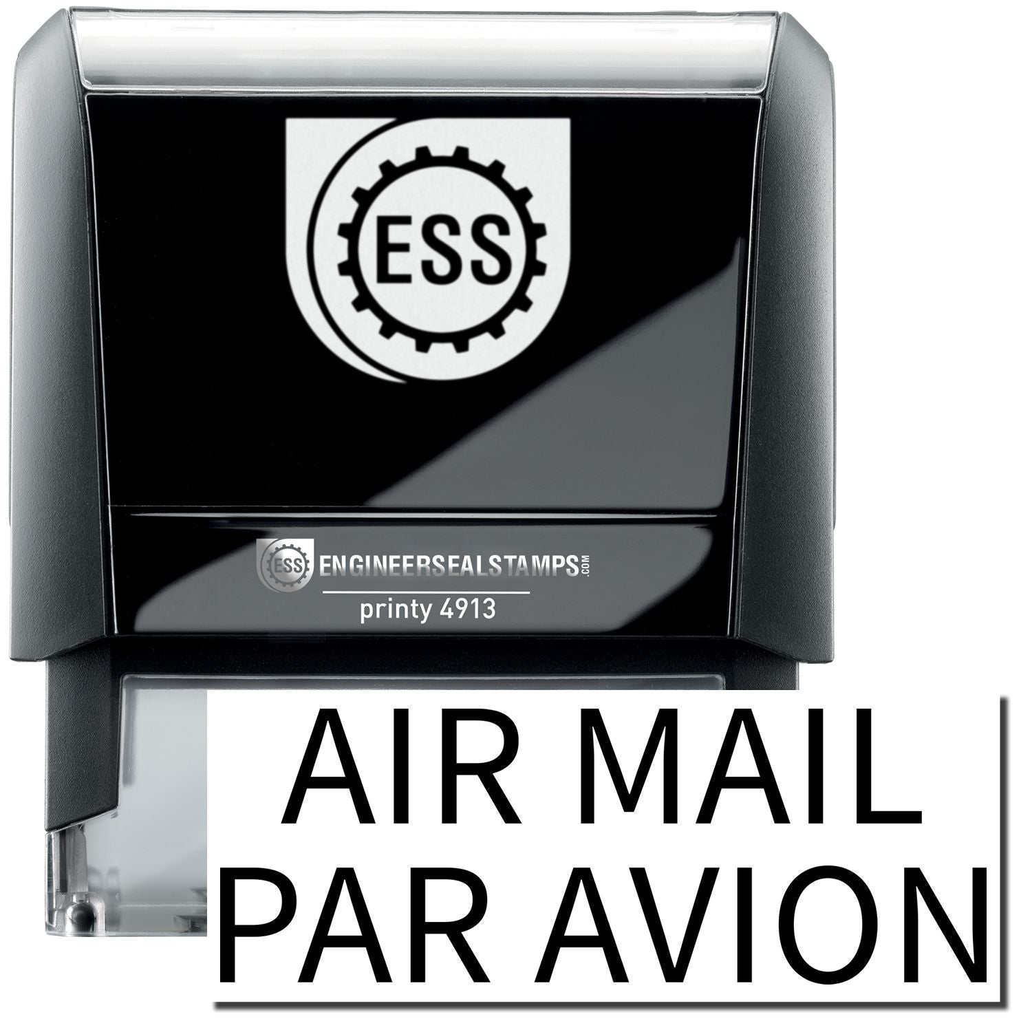 A self-inking stamp with a stamped image showing how the text AIR MAIL PAR AVION in a large font is displayed by it after stamping.