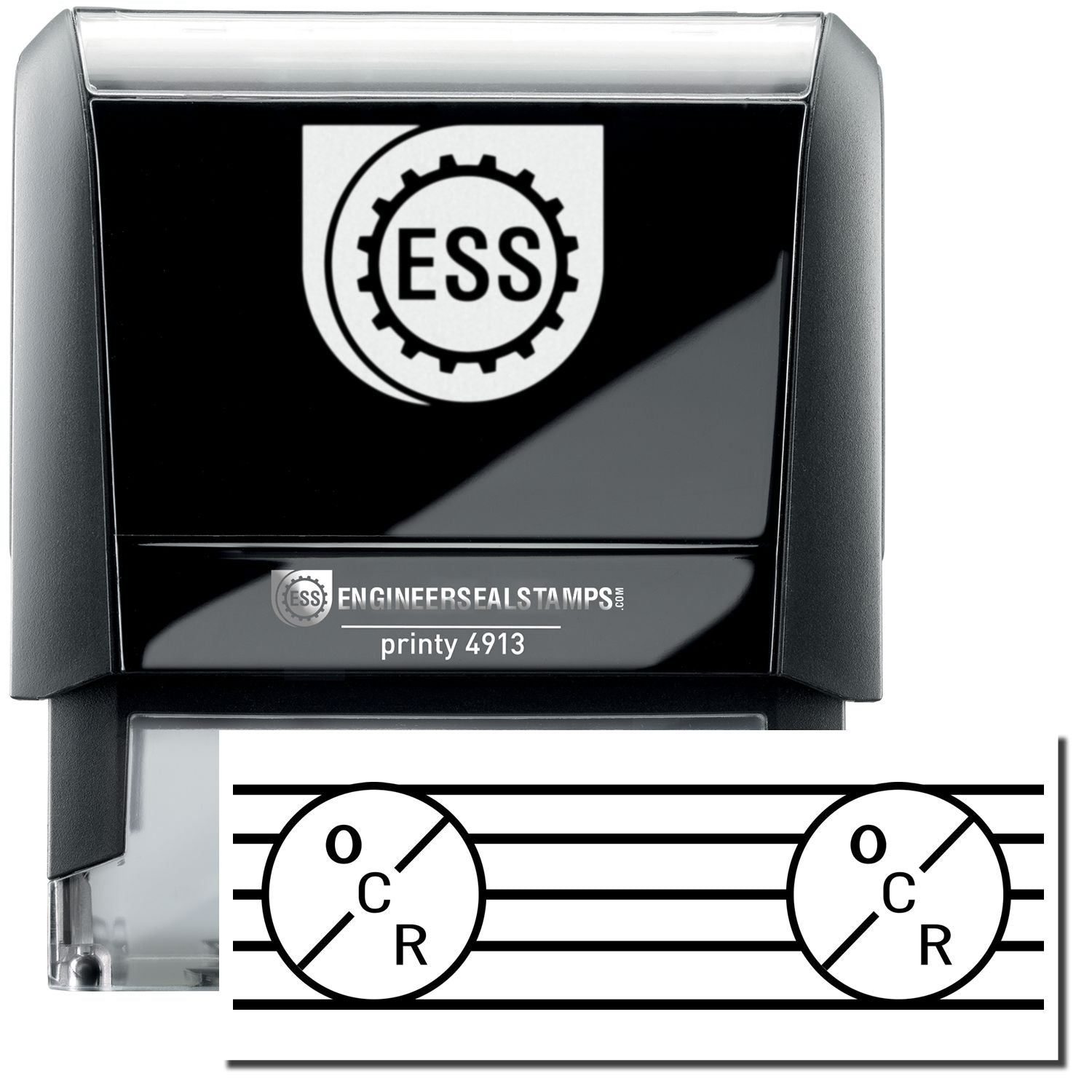 A self-inking stamp with a stamped image showing how the text OCR is displayed one time in each of the two circles with four sleeping lines beside them after stamping.