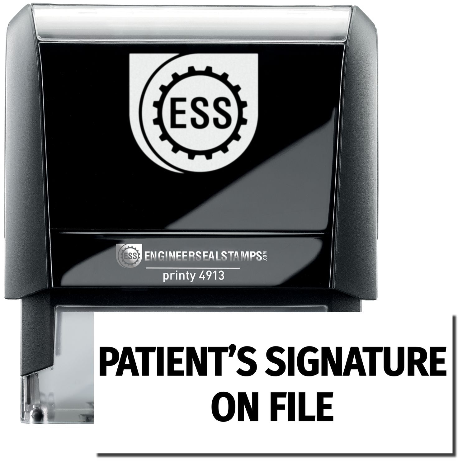 A self-inking stamp with a stamped image showing how the text PATIENT'S SIGNATURE ON FILE in a large font is displayed by it after stamping.