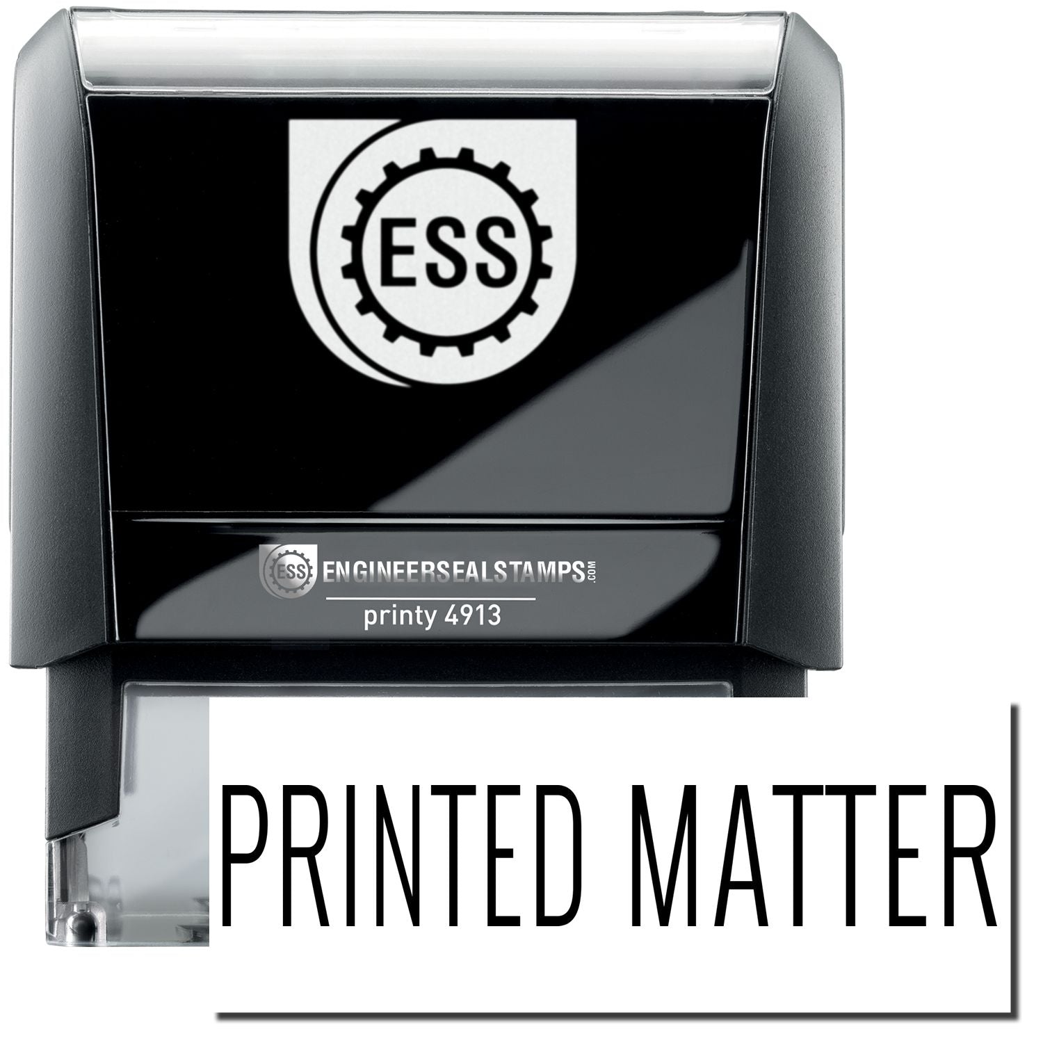 A self-inking stamp with a stamped image showing how the text PRINTED MATTER in a large font is displayed by it after stamping.