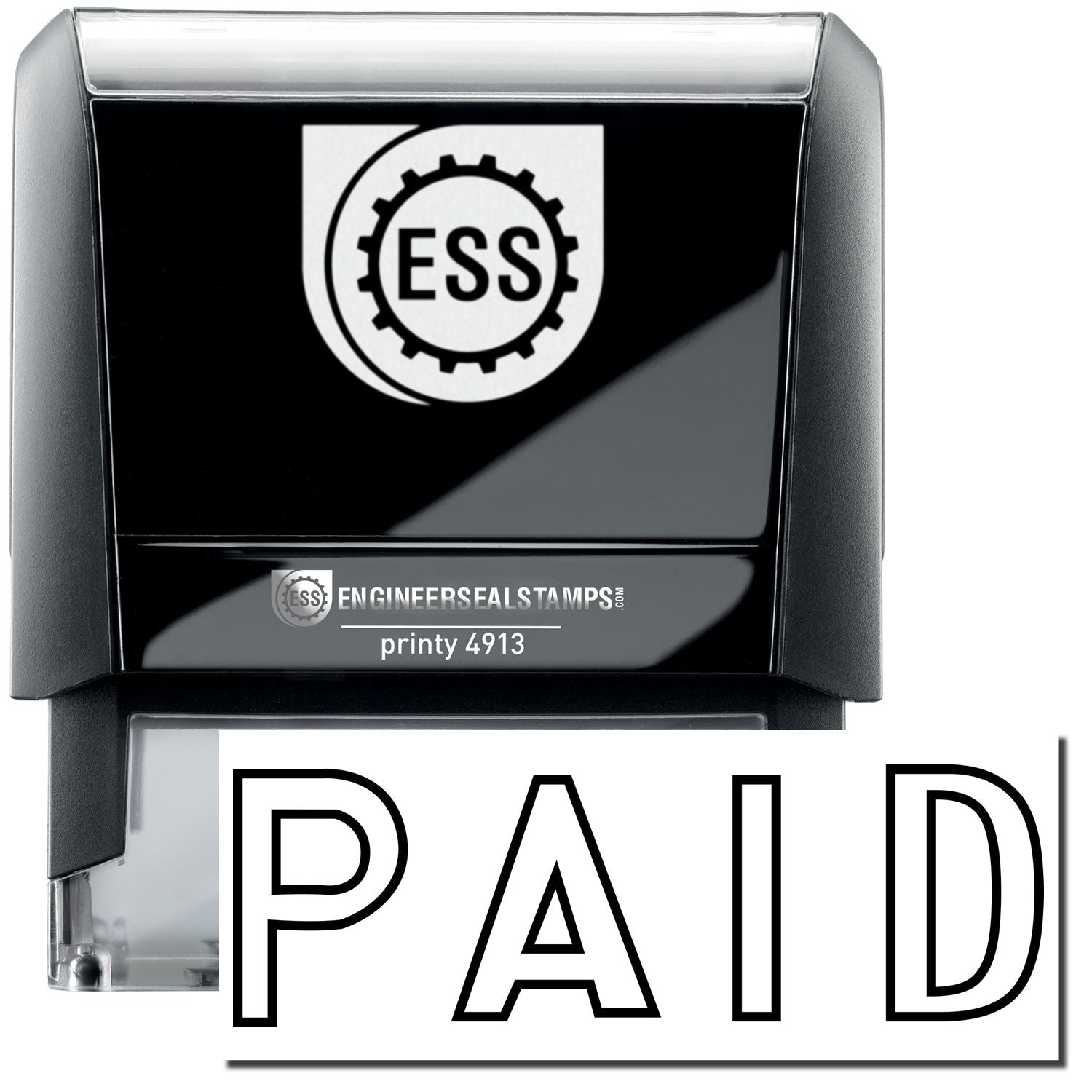 A self-inking stamp with a stamped image showing how the text PAID in a large outline font is displayed by it after stamping.