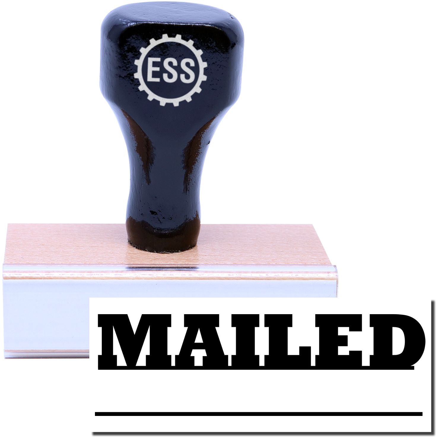 A stock office rubber stamp with a stamped image showing how the text MAILED in a large font with a date line underneath the text is displayed after stamping.