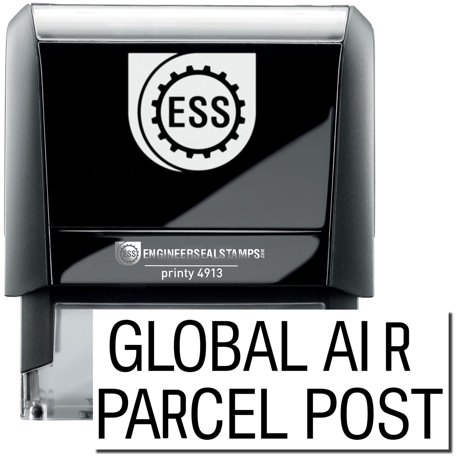 A self-inking stamp with a stamped image showing how the text GLOBAL AIR PARCEL POST in a large font is displayed by it after stamping.