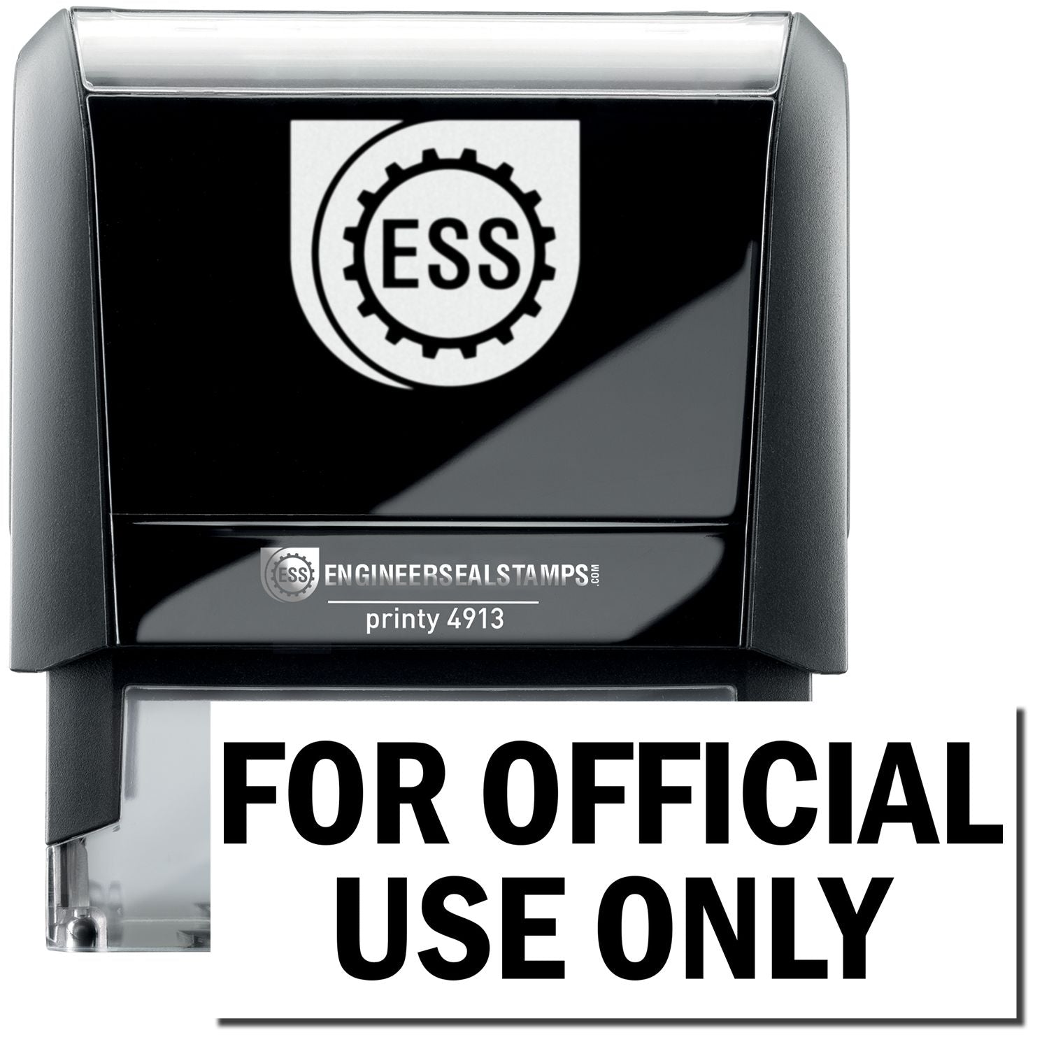 A self-inking stamp with a stamped image showing how the text FOR OFFICIAL USE ONLY in a large font is displayed by it after stamping.