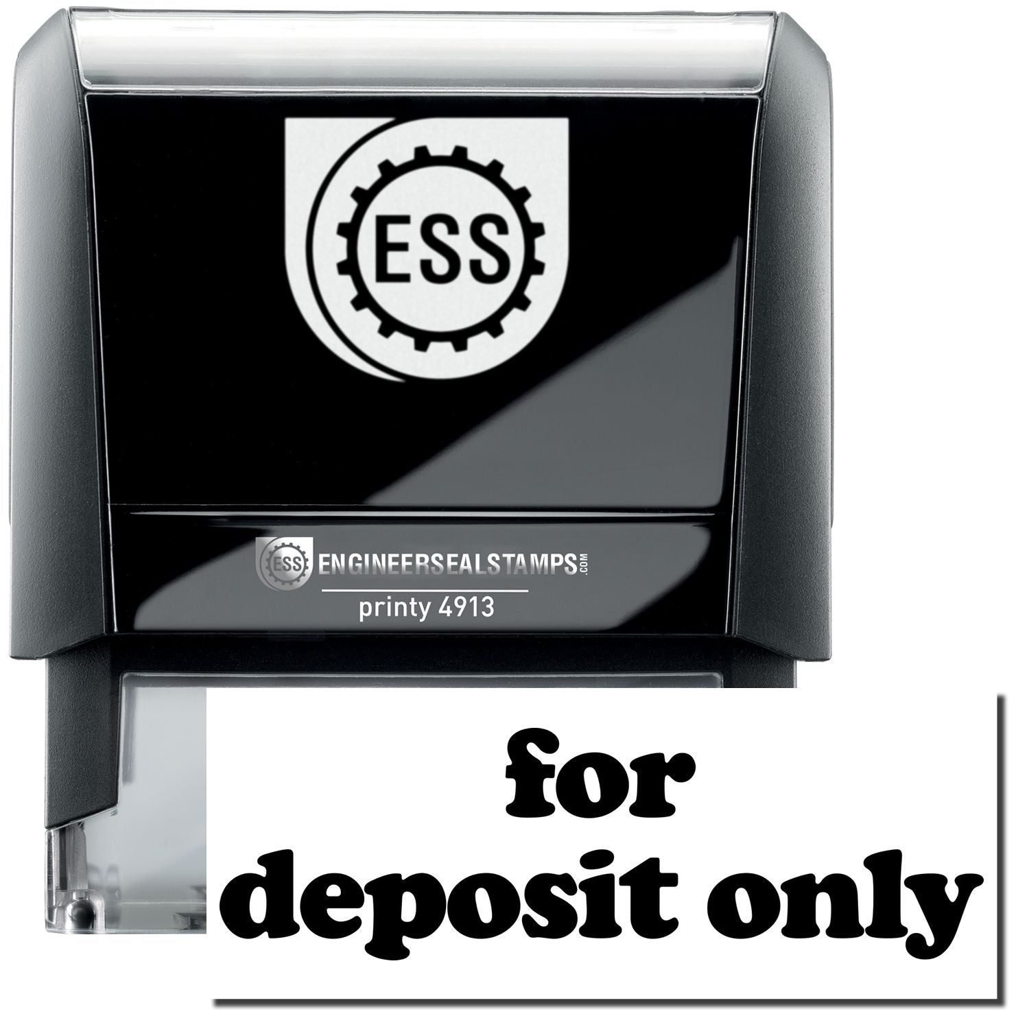 A self-inking stamp with a stamped image showing how the text for deposit only in a large lowercase font is displayed by it after stamping.