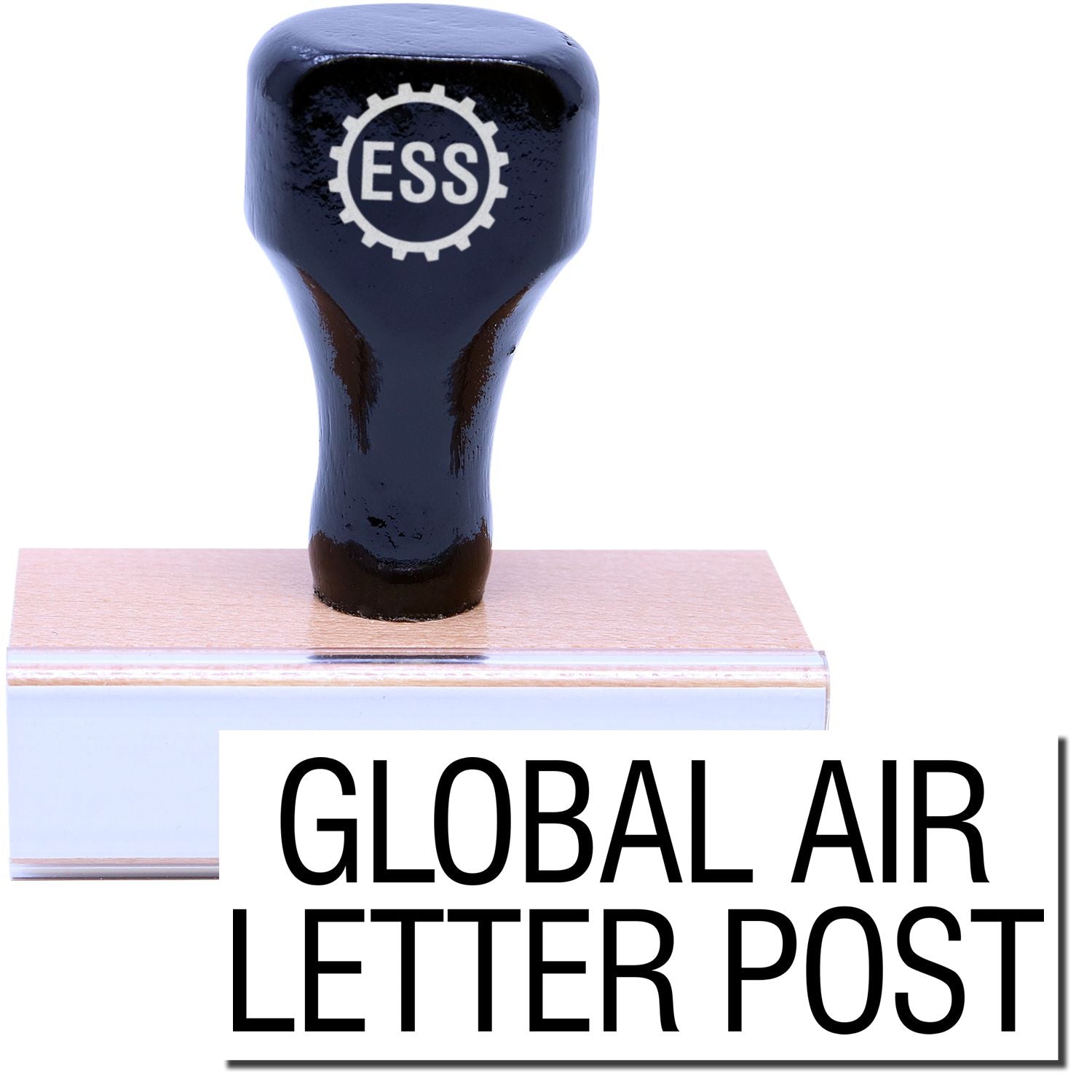 A stock office rubber stamp with a stamped image showing how the text GLOBAL AIR LETTER POST in a large font is displayed after stamping.